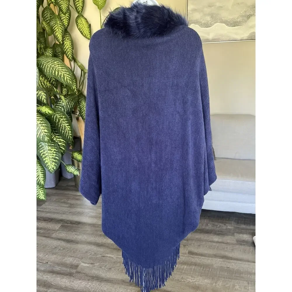 Tamsy Boutique Navy Blue Faux Fur Poncho Old Money Cape Wrap OS #1017